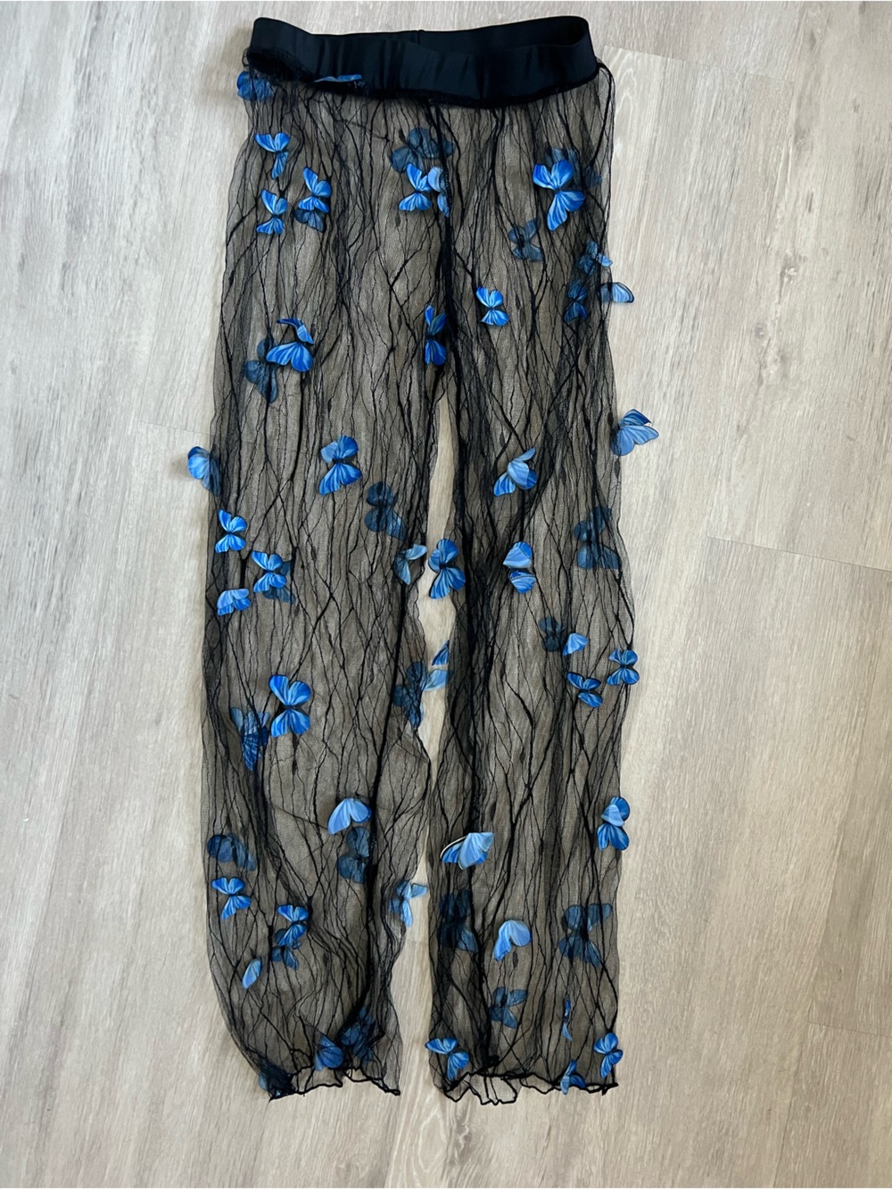 sheer lace mesh black pants, vibrant blue 3D butterfly appliqués Small fairycore